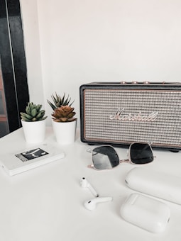 A tabletop setup featuring a vintage-style speaker with a textured front, flanked by potted succulents in white pots. Below the speaker are sleek sunglasses resting on the table. Nearby, a pair of wireless earbuds and their charging case are positioned beside a minimalist notebook or booklet.