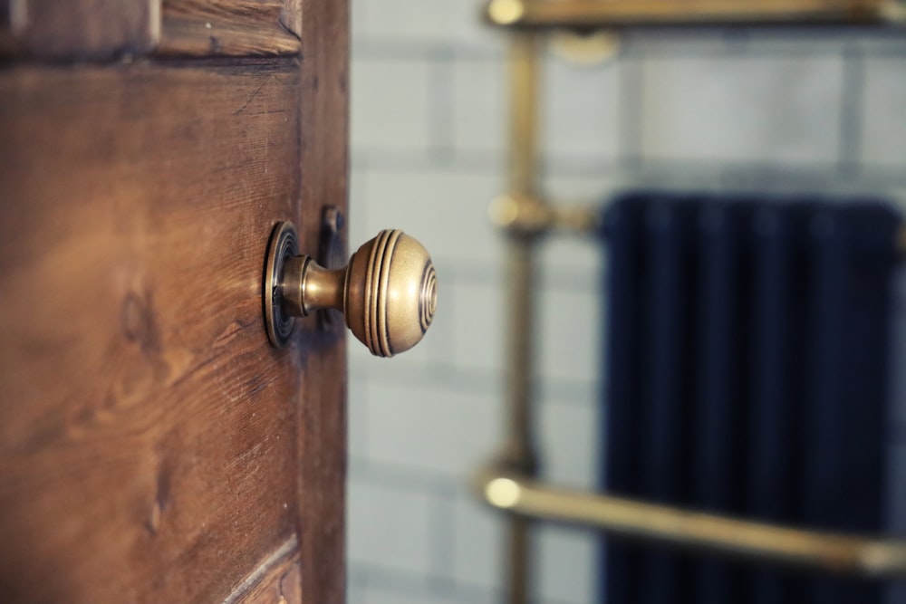 brass door knob on brown wooden door