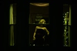 A mannequin is seen in a dark window display, illuminated by artificial green light. The mannequin appears to be wearing a strapless dress and has styled hair. The background features soft, decorative lights and partially visible signage.