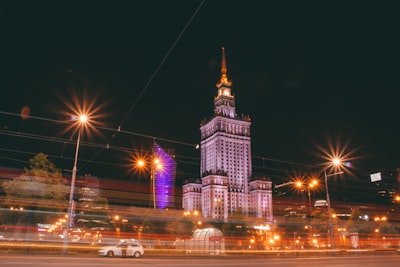 varsovia science palace building during nighttime