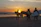 Group of surfers laughing and carrying boards by the ocean shore during sunset.