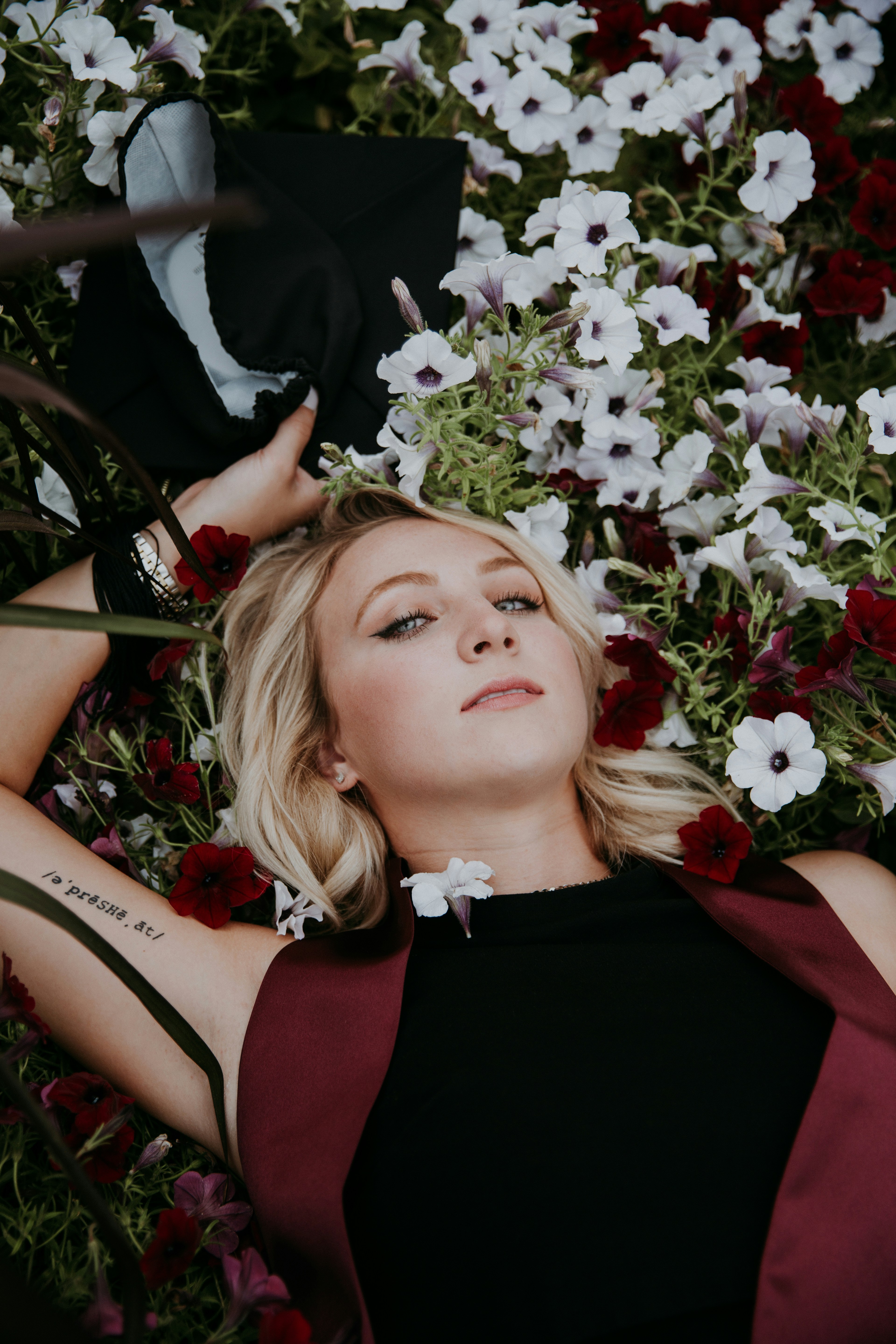 black dress with red and white flowers
