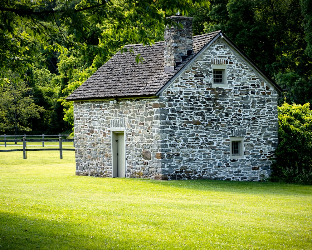 grey brick house near green grass field and trees during daytime