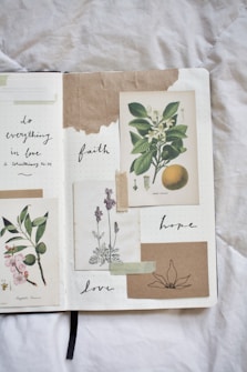 A journal spread features botanical illustrations and handwritten words. The left side displays a drawing of flowers and leaves, while the right side contains images of a sweet orange and lavender. Words like 'faith,' 'hope,' and 'love' are thoughtfully written around the illustrations. The page has a textured and artistic feel with the use of tape and torn paper.