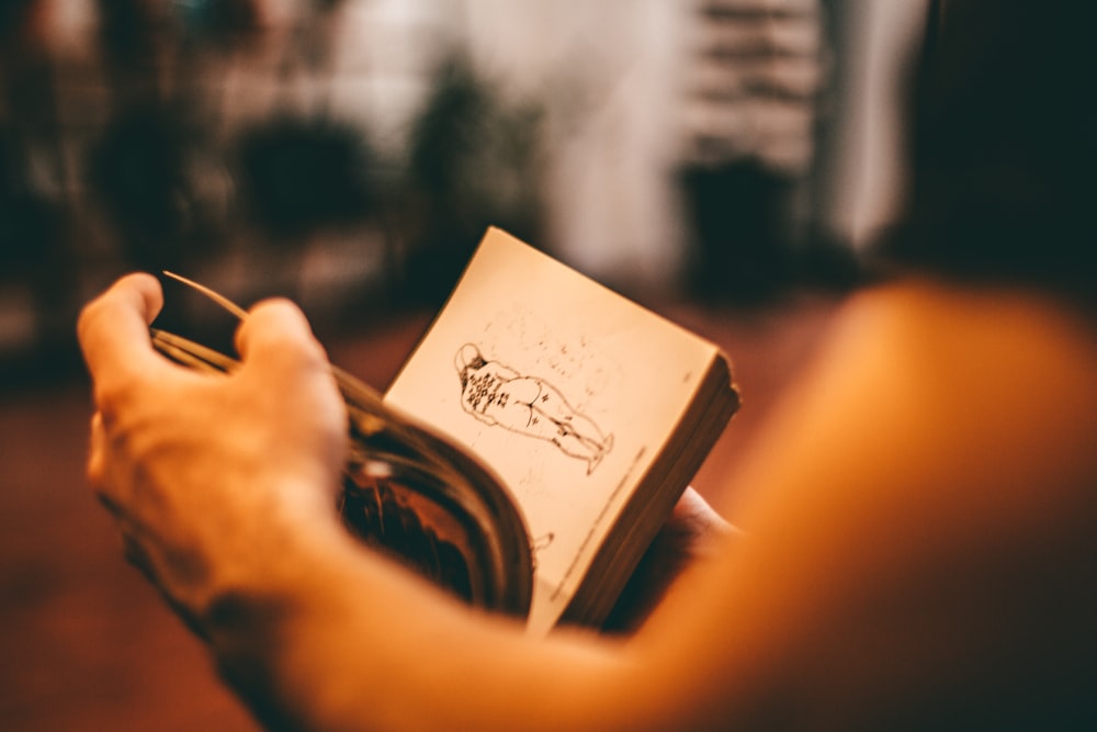 person holding a book in a room