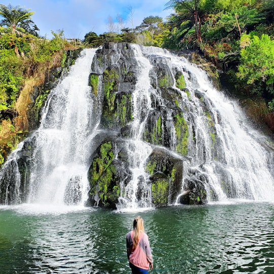 woman in pink tank top standing in front of waterfalls during daytime in Karangahake Gorge New Zealand