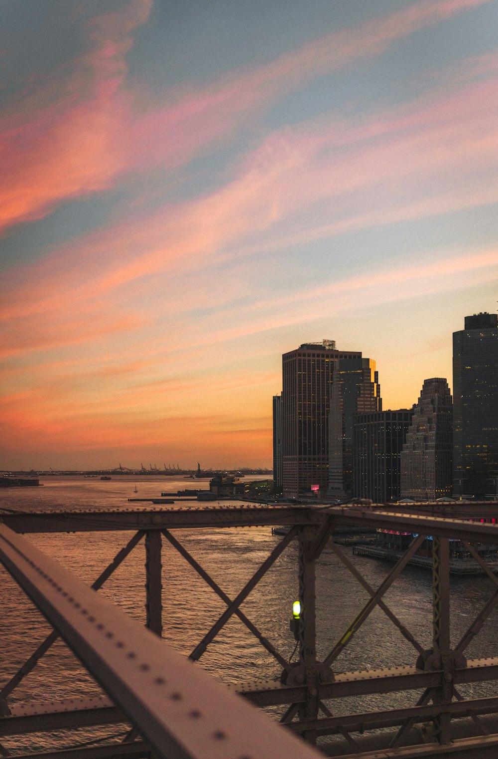 city skyline during sunset with sea dock