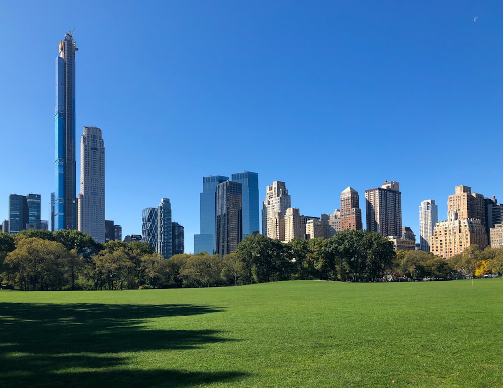 green grass field near city buildings during daytime