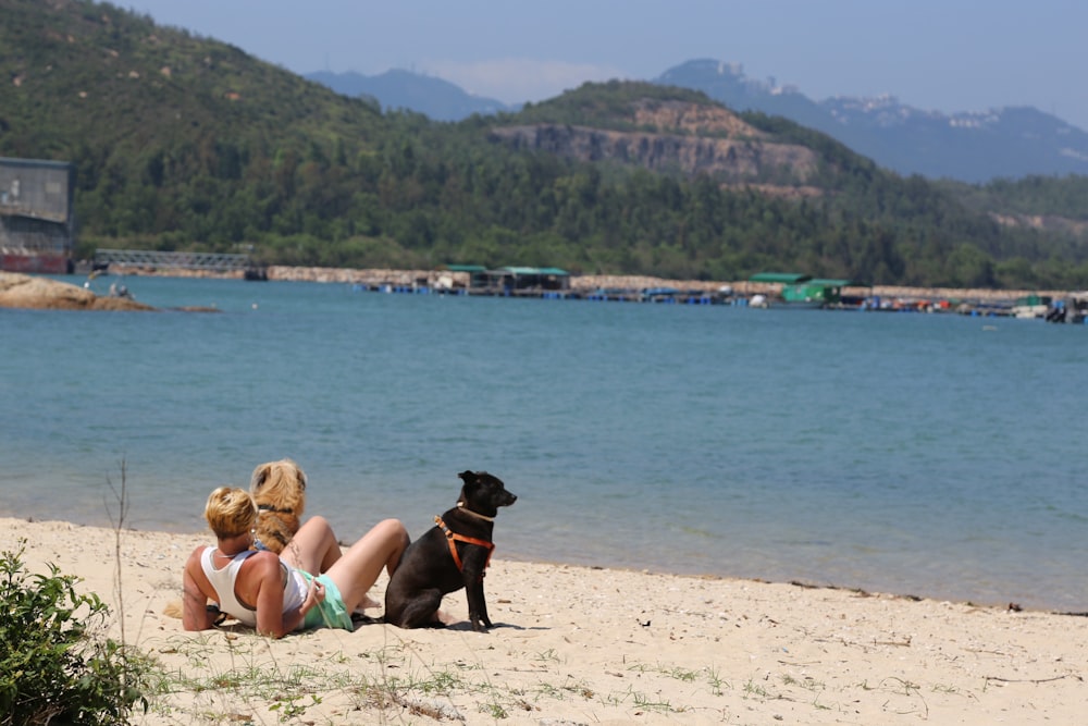 昼間、黒いショートコートの犬のそばで白い砂浜に横たわる黒いタンクトップの女性