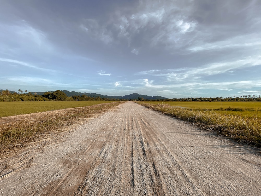 brown dirt road between green grass field under white clouds and blue sky during daytime