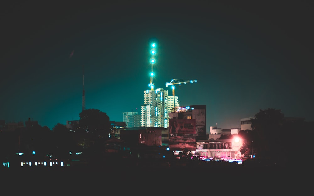 city skyline during night time