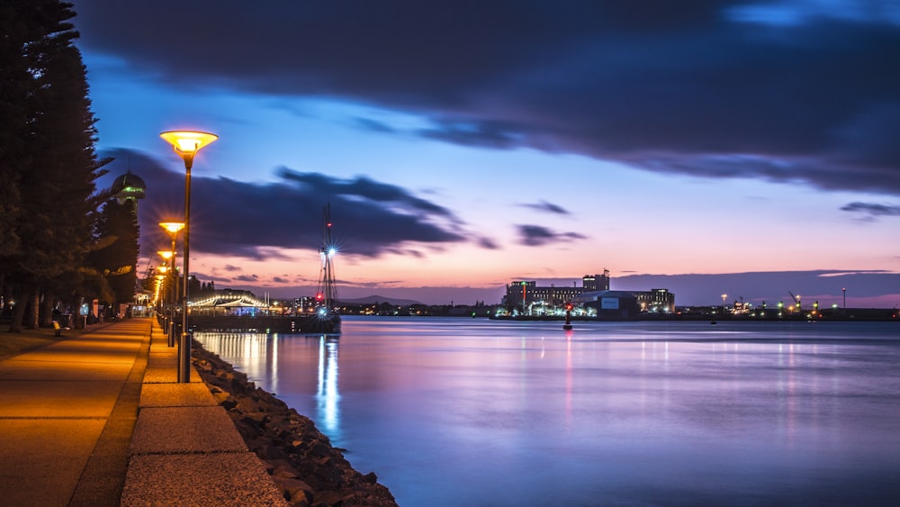 city skyline near body of water during night time