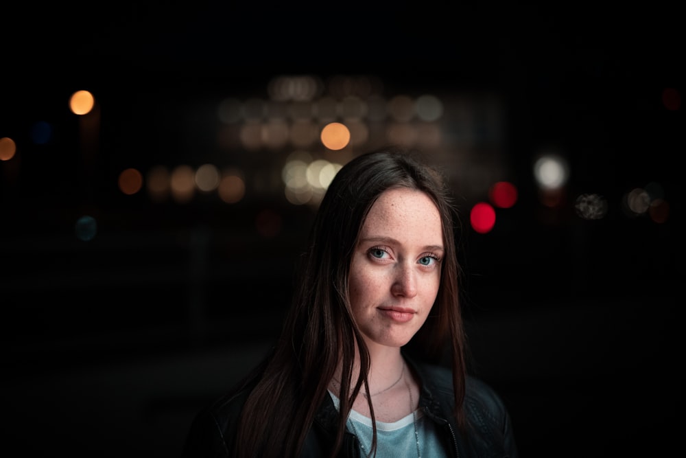 woman in black leather jacket