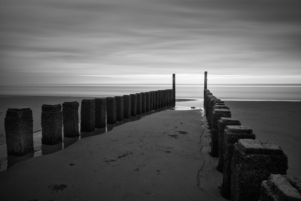 Foto en escala de grises de muelle de madera en la playa