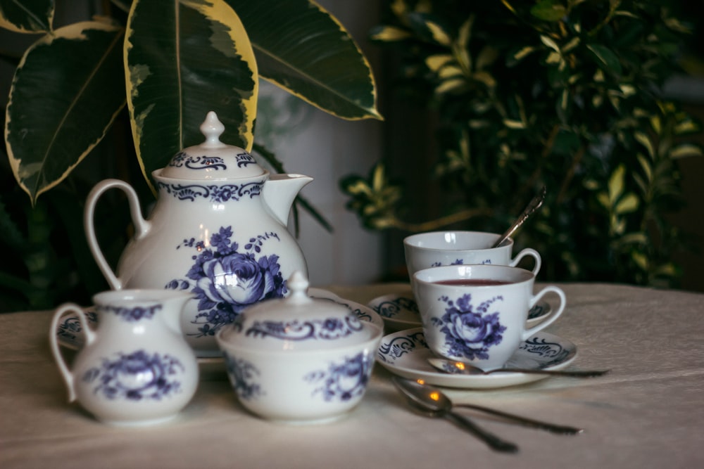 white and blue floral ceramic teacup set