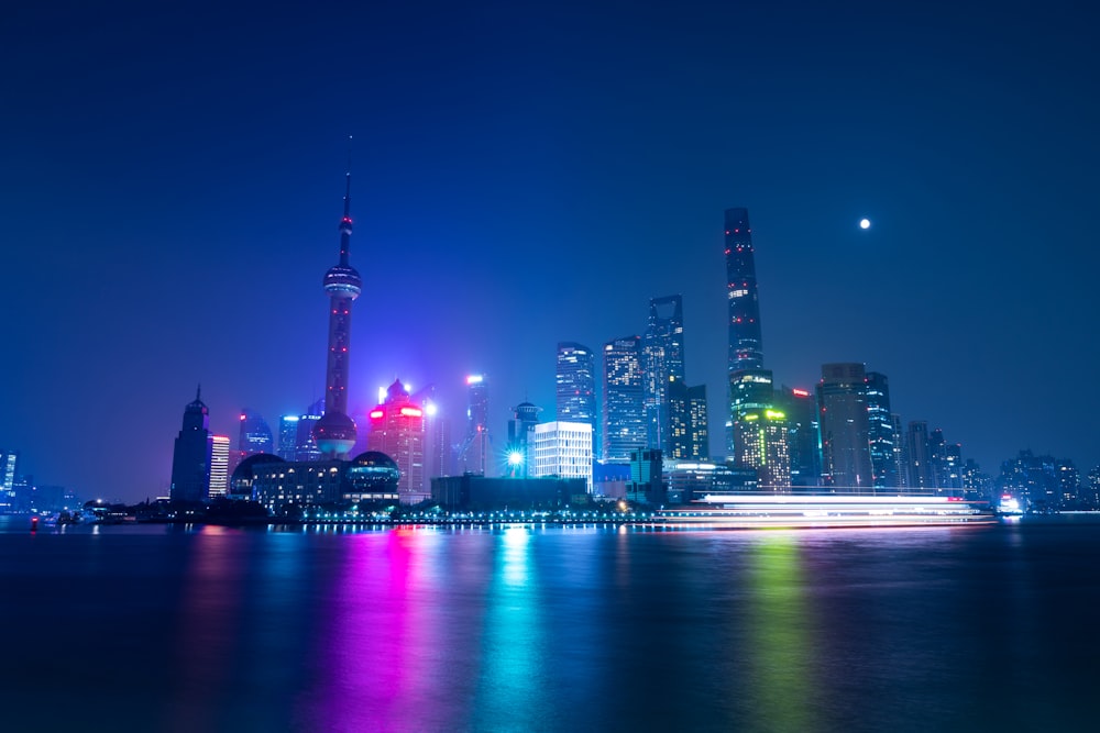 city skyline during night time