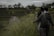A group of people wearing jackets and masks walk through a lush, green field with a thatched structure in the foreground and terraced vegetation in the background. Banana trees are visible along the horizon, and the sky is overcast.