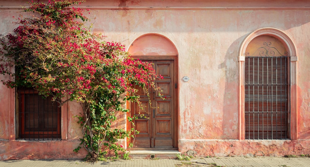赤い花が咲く茶色の木製ドア