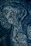 Close-up of a shimmering constellation oil painting with deep blues and sparkling stars.