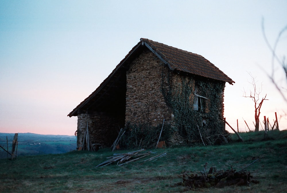 brown wooden house on green grass field near body of water during daytime