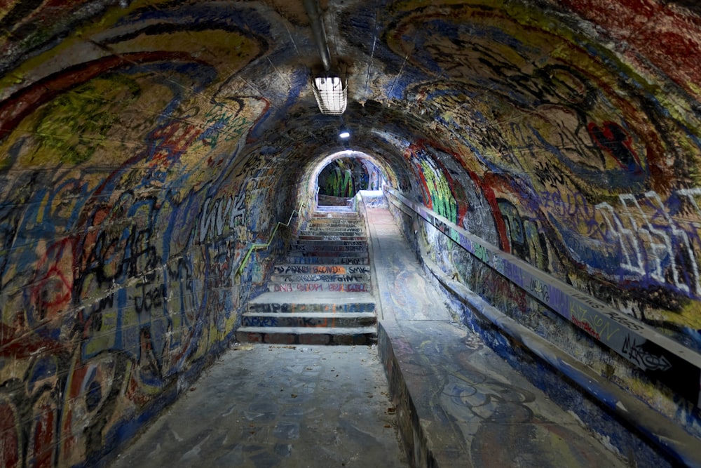 blue and white tunnel with light