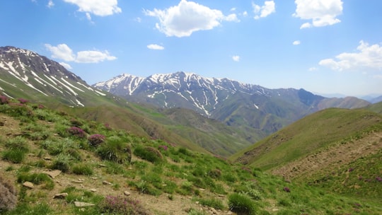 green grass field and mountains under blue sky during daytime in Lar National Park Iran