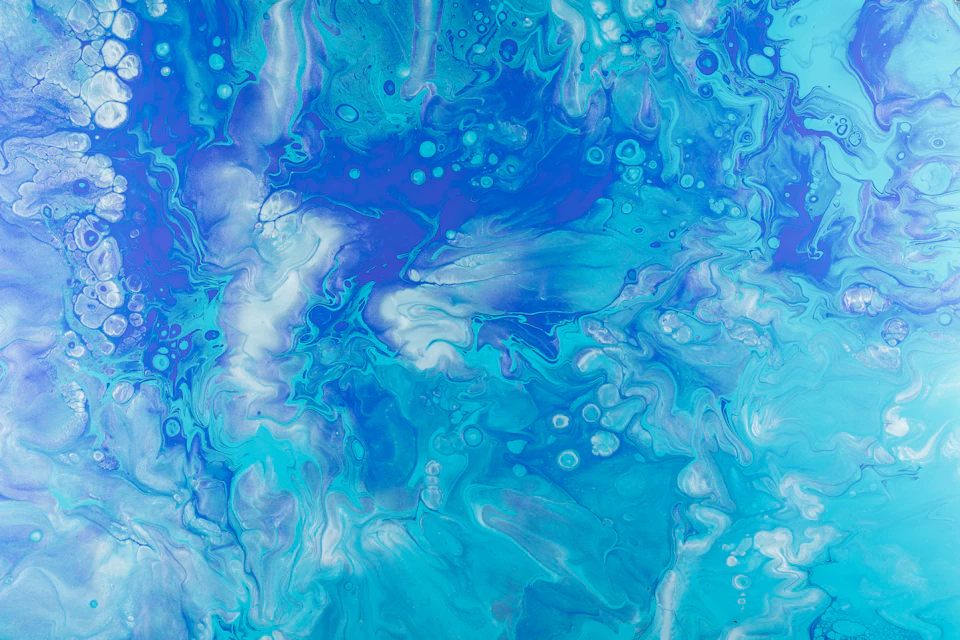 Abstract painting predominantly blue and white with loose brushstrokes in impressionistic style