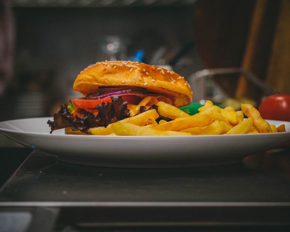 burger on white ceramic plate