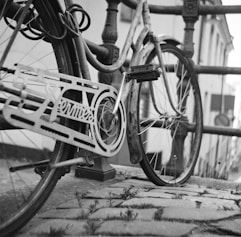 grayscale photo of bicycle on road