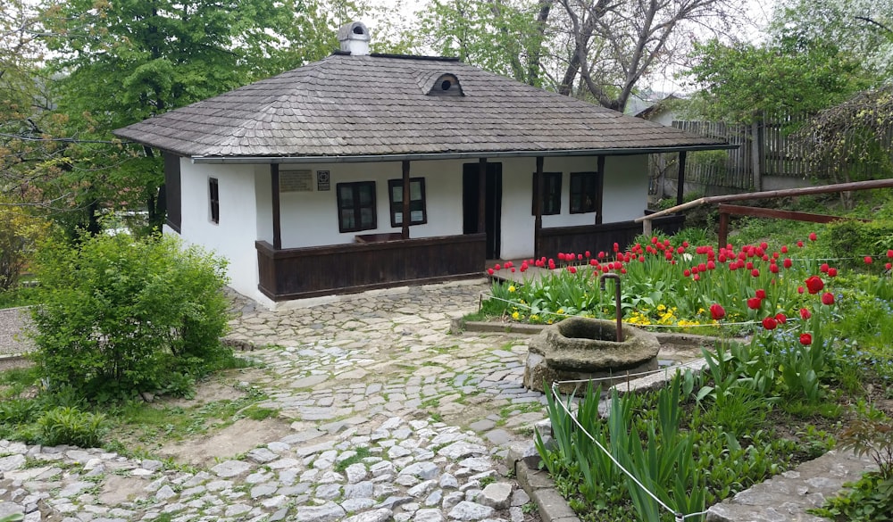 Maison en béton blanc et brun près d’arbres verts pendant la journée