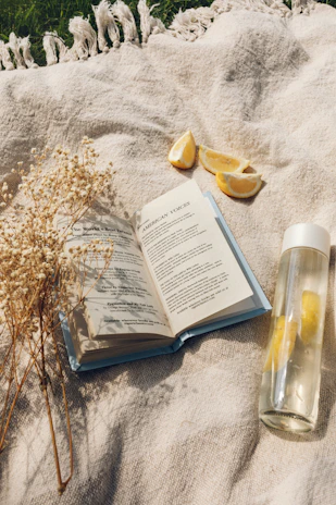 A serene outdoor scene with a journal, a pen, and a wellness book laid out on a picnic blanket.