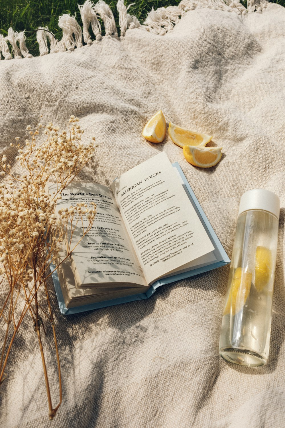 white book page beside clear glass bottle