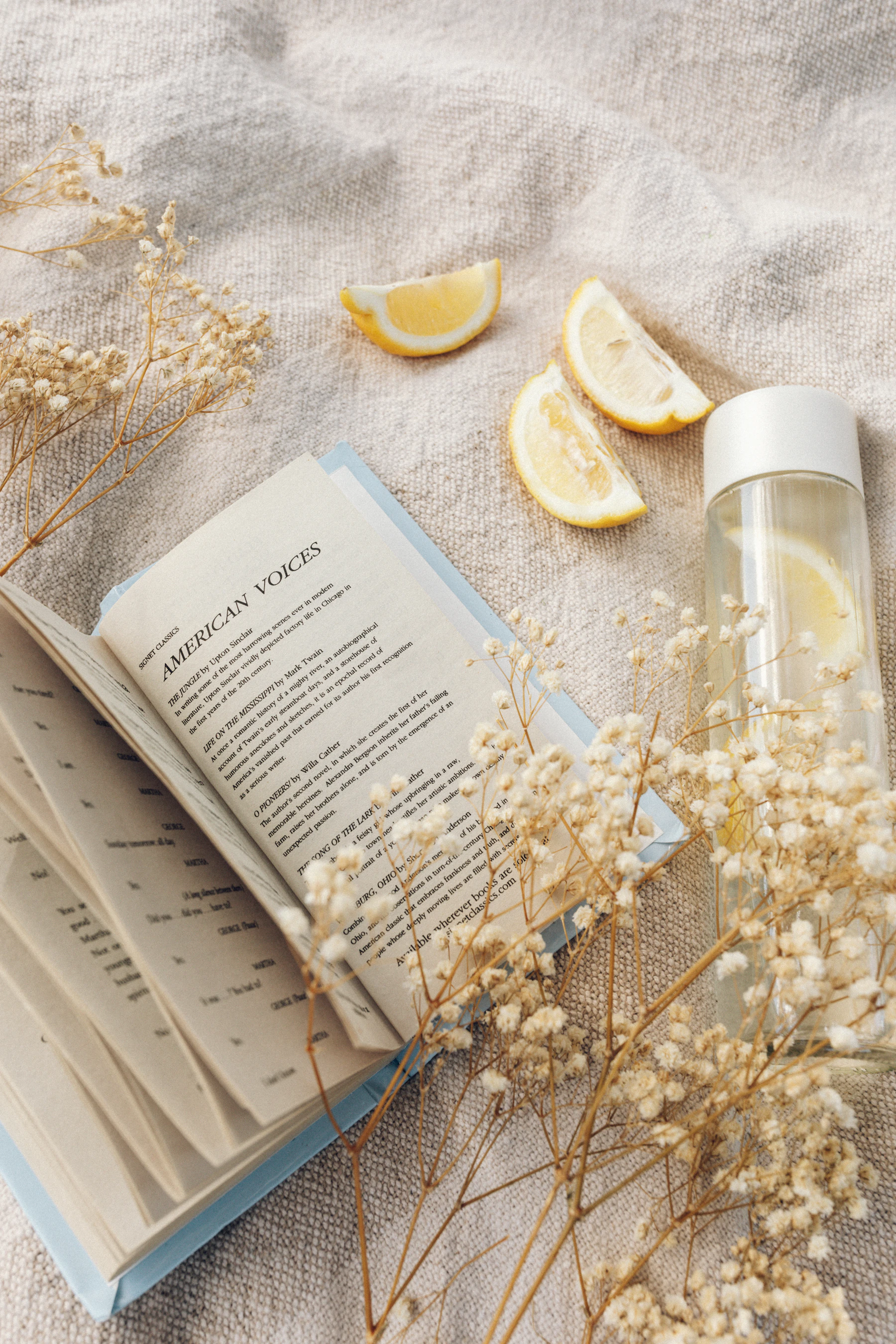 An open book and dried flowers on linen