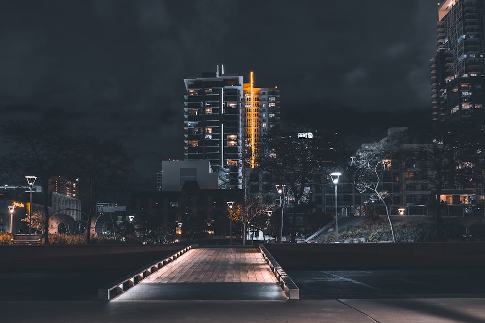 city with high rise buildings during night time