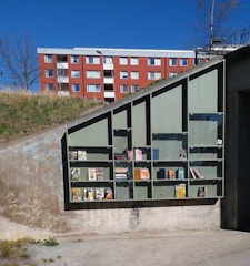 An outdoor bookcase is embedded into a sloped wall next to a pedestrian walkway. The bookcase features a variety of books and magazines on display, ranging in color and size. Above the bookcase, there is a residential building with red brick-like exterior and several windows. The sky is clear and blue, and there is a tree without leaves nearby.