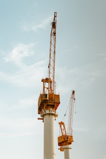 white and orange crane under cloudy sky during daytime