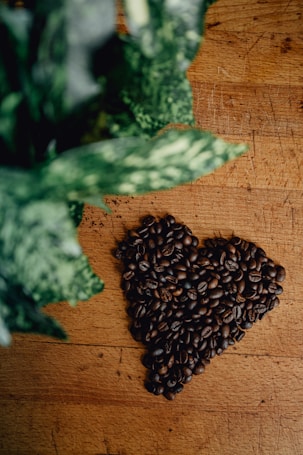 Coffee beans are arranged in a heart shape on a wooden surface, with a blurred, leafy green plant in the top left corner.
