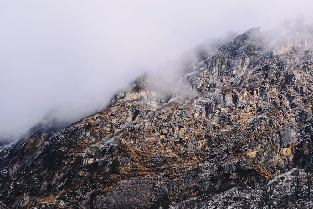 gray rocky mountain with fog