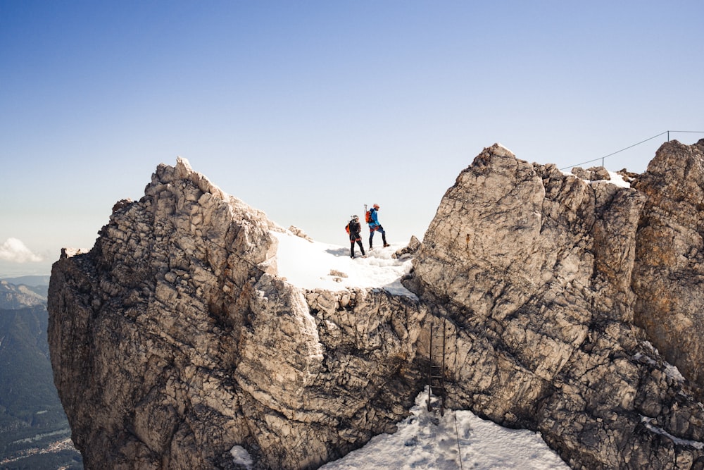 2 personnes assises sur une montagne enneigée pendant la journée