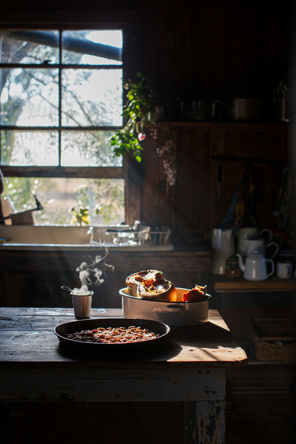 black round plate with food on table