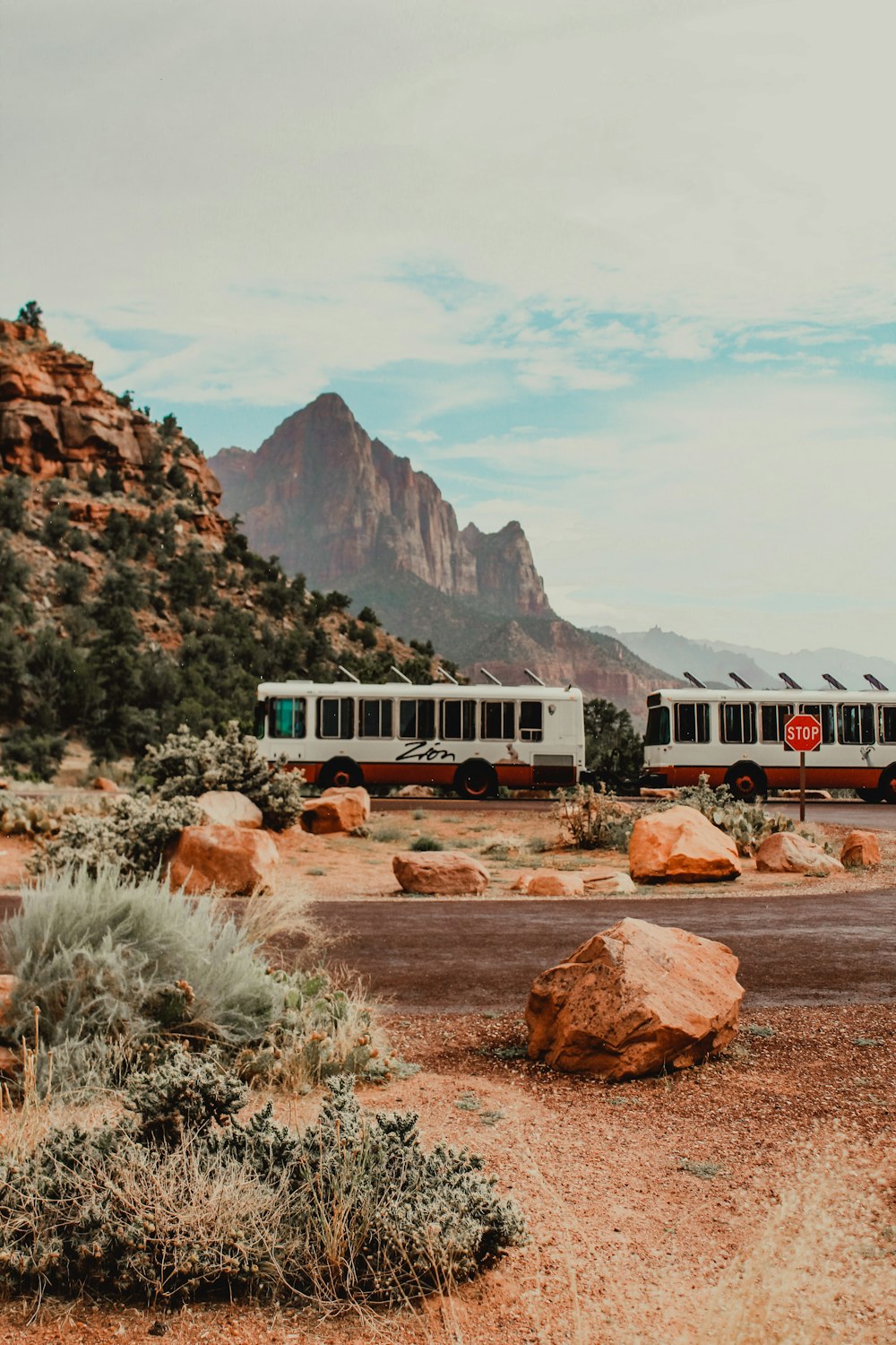 Tren blanco y marrón cerca de la montaña marrón bajo el cielo nublado blanco durante el día