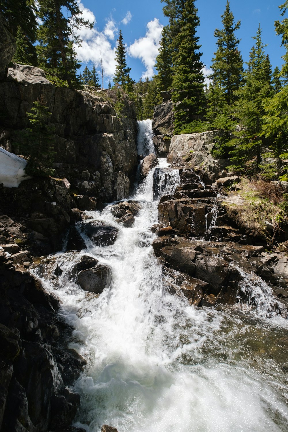 waterfalls in the middle of rocky mountains