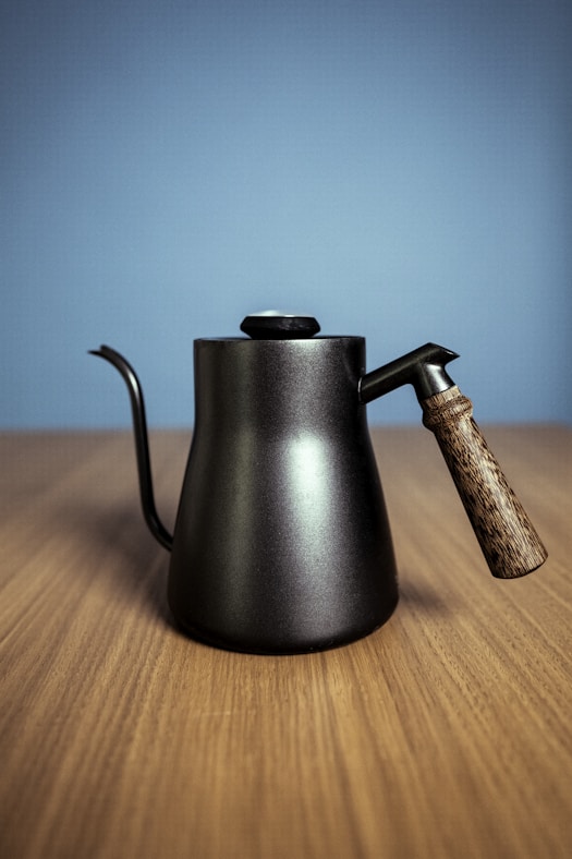 A stainless steel electric kettle on a kitchen counter