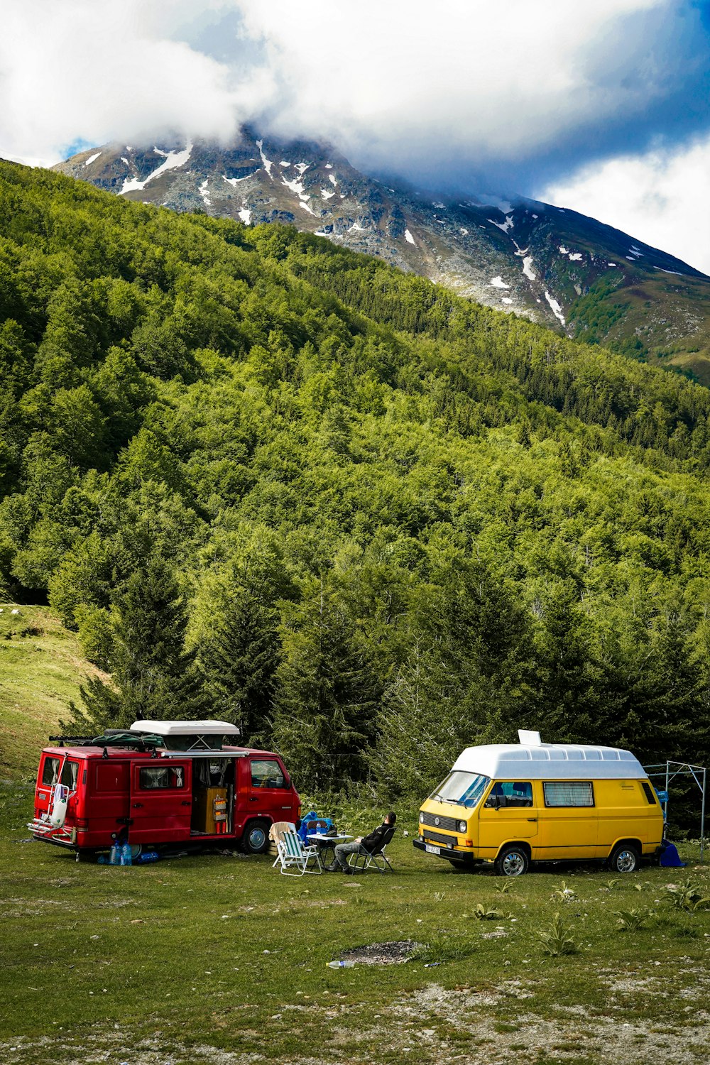 red and white bus on green grass field near green trees and mountain during daytime