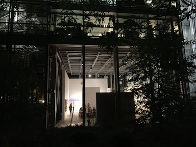 Night view of an art gallery building illuminated with black gold and red themed lighting.