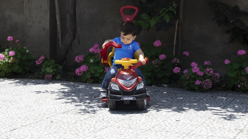 A young child wearing a blue shirt is seated on a small red toy car, riding it on a tiled surface. The toy car has yellow and red detailing with an MG logo on the front. The background includes a wall and a row of pink and green flowering plants, casting shadows on the ground.