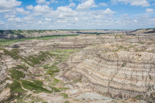 green and brown field under blue sky during daytime in Horseshoe Canyon Canada