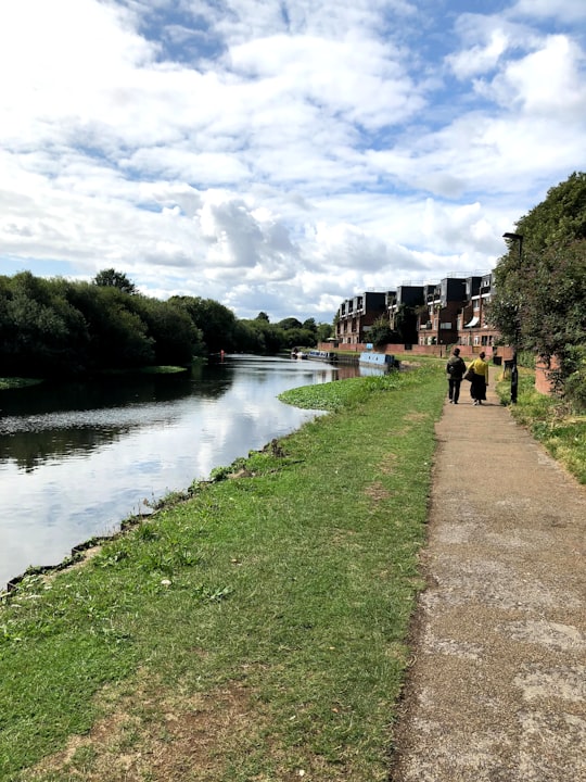 people walking on green grass field near river during daytime in River Lea United Kingdom