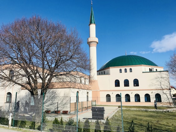 A mosque with a large green dome and accompanying minaret is situated in a grassy area surrounded by a fence. The mosque's architecture features multiple arched windows and a cream-colored exterior. A large leafless tree stands prominently beside the mosque, while a clear blue sky forms the backdrop.