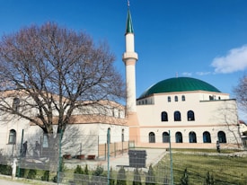A mosque with a large green dome and accompanying minaret is situated in a grassy area surrounded by a fence. The mosque's architecture features multiple arched windows and a cream-colored exterior. A large leafless tree stands prominently beside the mosque, while a clear blue sky forms the backdrop.